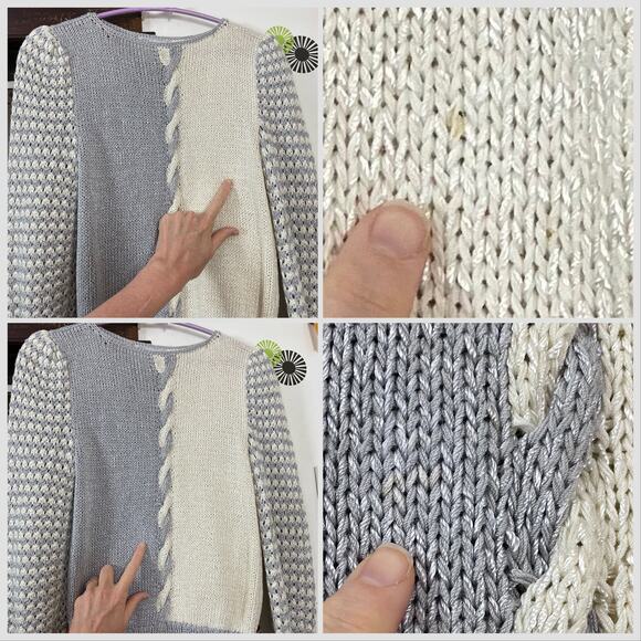 Vintage Gray & White Puff Sleeve Sweater, 1980s Cable Knit Nannell Boatneck Sz S - Picture 9 of 15